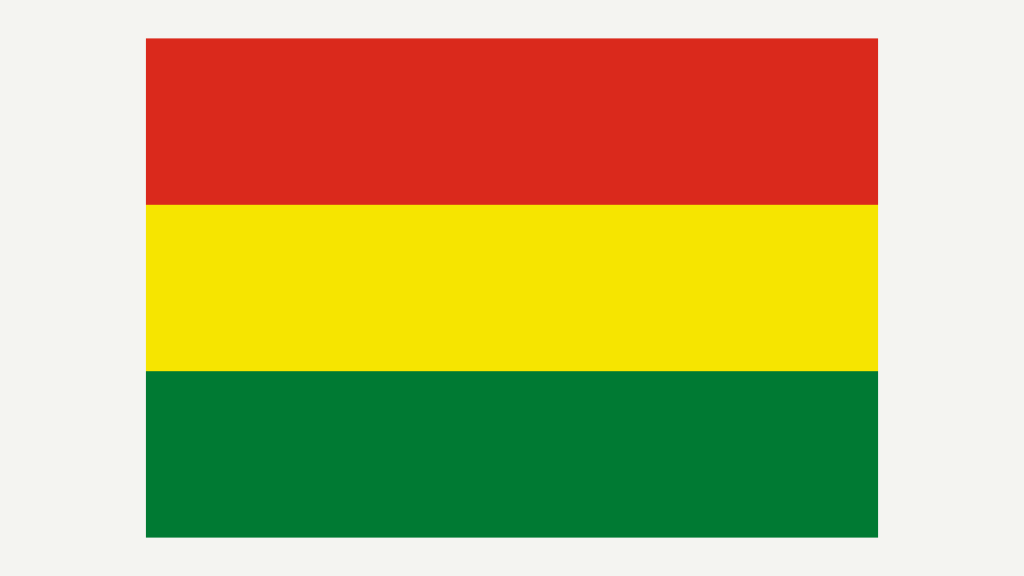 Bandera civil de Bolivia sin escudo, con franjas iguales roja, amarilla y verde.