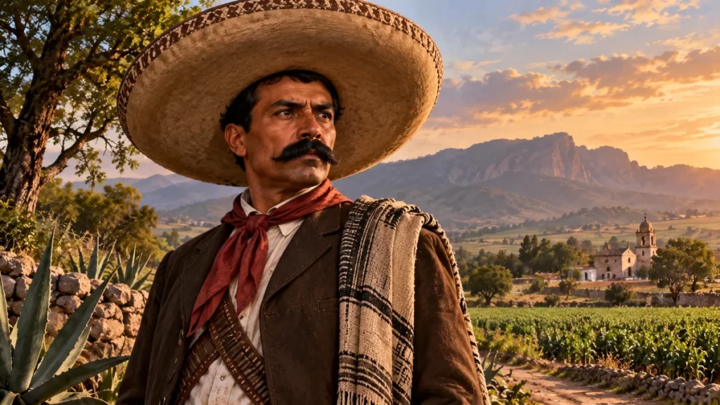 Ilustración imaginada inspirada en Emiliano Zapata y un paisaje rural de Morelos.