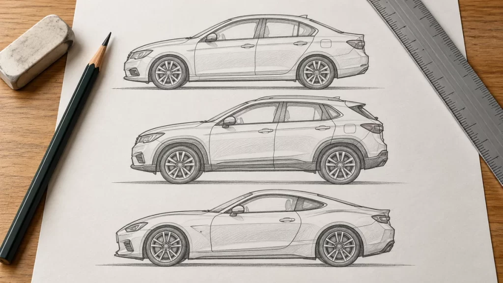 Cómo dibujar un coche de lado: pasos sencillos y tres variantes 1 Tres bocetos de coches vistos de lado sobre una hoja.