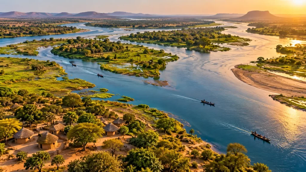 El río Níger: recorrido, cuenca y vida a su alrededor 1 Vista aérea ilustrada de un gran río serpenteante entre humedales verdes y sabana dorada, con pequeñas canoas y viviendas junto a la orilla bajo luz de atardecer.