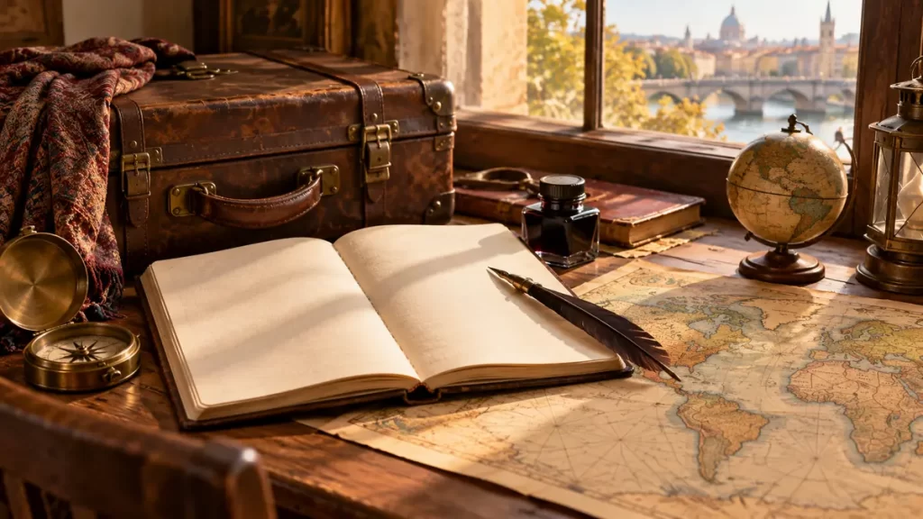 Escritorio de viaje de aspecto decimonónico junto a una ventana, con maleta de cuero, cuaderno abierto en blanco, brújula y mapa antiguo sin rótulos bajo una luz cálida.