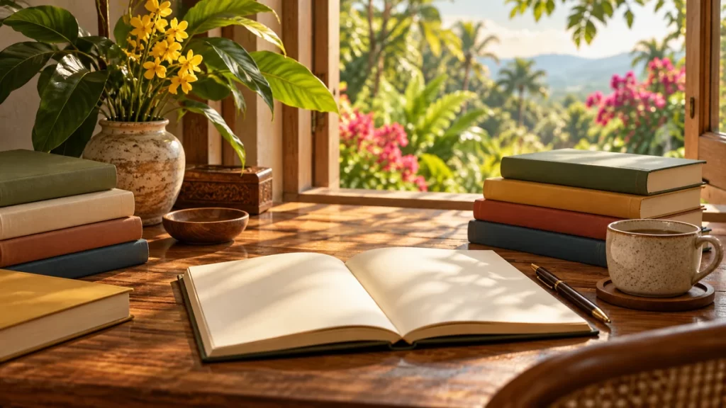 Cuaderno abierto entre libros sin títulos, con un jardín tropical al fondo.
