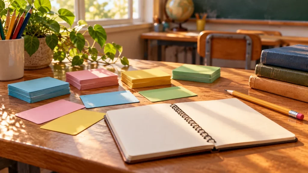 Tarjetas de colores y cuaderno abierto sobre una mesa escolar.