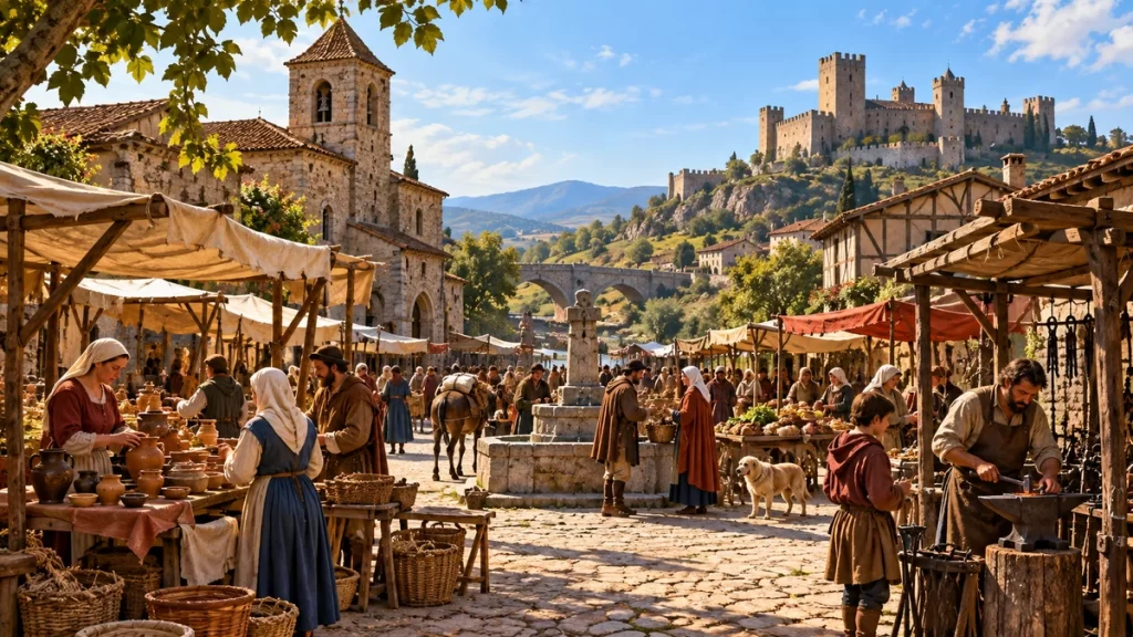 Plaza de mercado medieval imaginada con un castillo al fondo.
