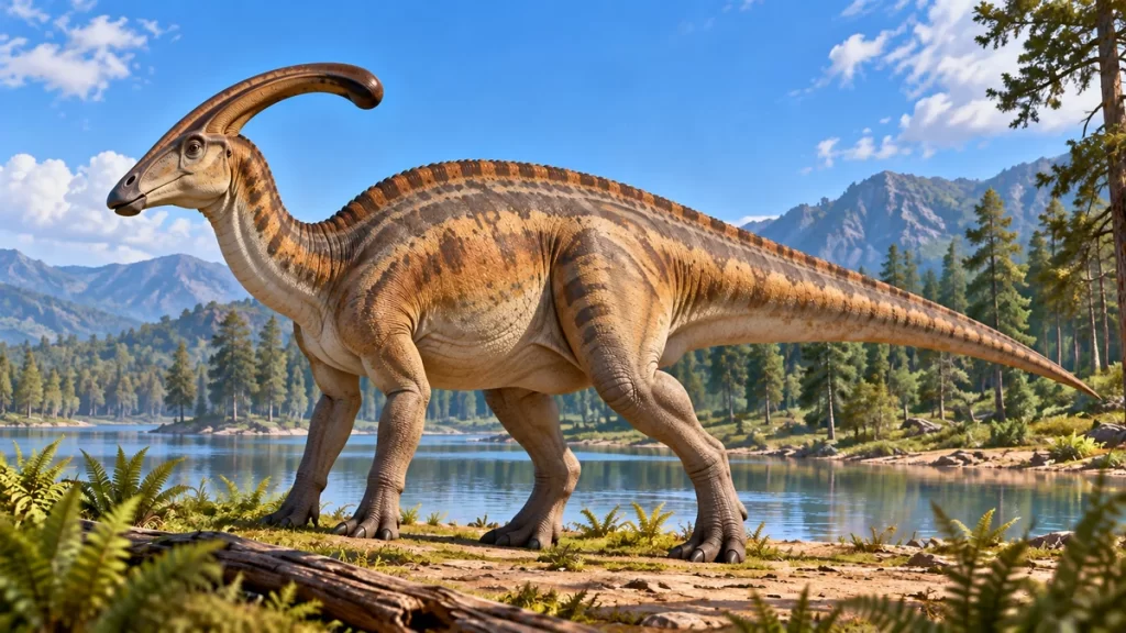 Reconstrucción artística de un Parasaurolophus junto a un lago.