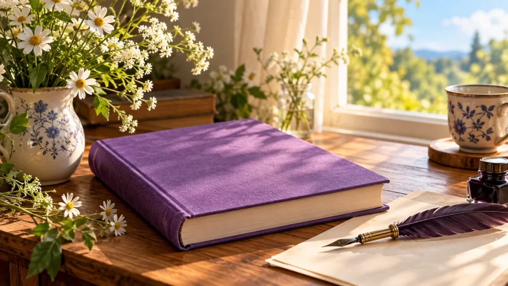 Emily Dickinson: poemas y claves para una primera lectura 1 Libro violeta y una pluma junto a flores y una ventana.