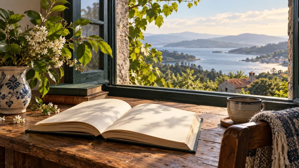 Libro abierto junto a una ventana con vegetación y un paisaje imaginado de agua y colinas.
