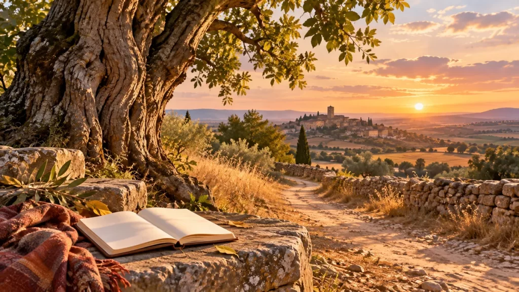 Antonio Machado: cinco poemas y claves para una primera lectura 1 Cuaderno abierto bajo un árbol junto a un camino entre campos al atardecer.