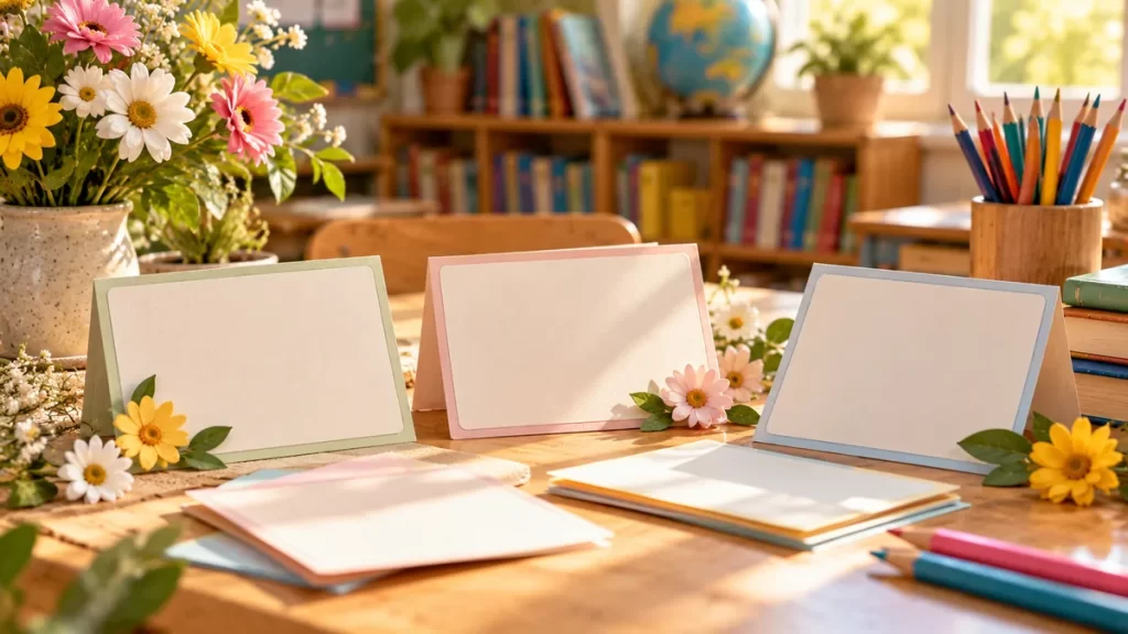 Tarjetas para dedicatorias sin texto, flores y lápices en una mesa de aula.