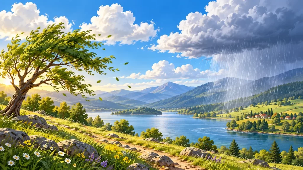 Fenómenos atmosféricos: ejemplos y cómo observarlos 1 Paisaje ilustrado con lluvia localizada, nubes y un árbol movido por el viento.