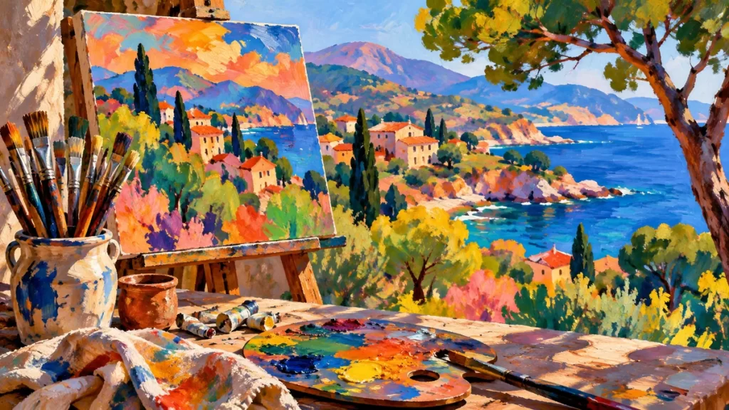 Pinceles junto a un paisaje pictórico inventado de colores intensos.