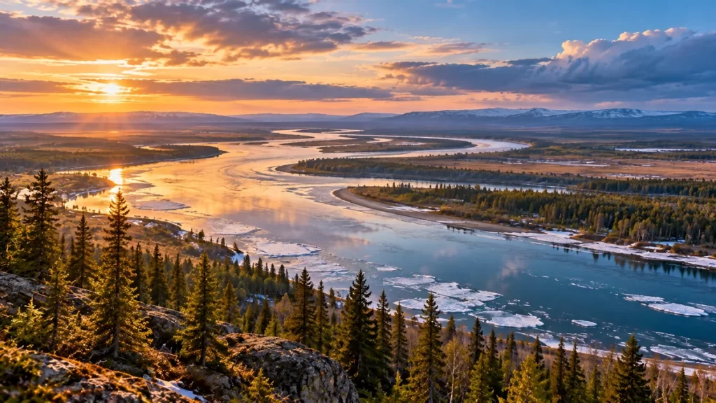 Río boreal imaginado con hielo, bosques y amplias llanuras.