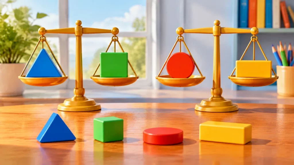 Dos balanzas con fichas geométricas equilibradas sobre una mesa.