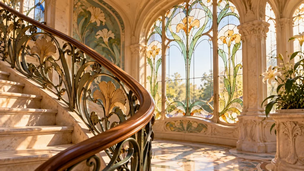 Arte modernista y Art Nouveau: cómo reconocer sus formas 1 Escalera y vidrieras imaginadas con líneas curvas y motivos vegetales.