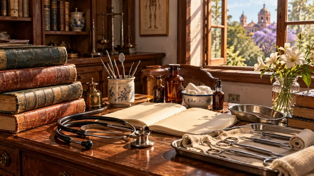 Libros y material médico sobre un escritorio junto a una ventana.
