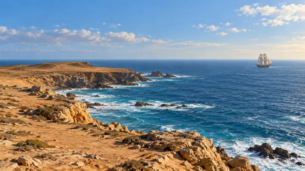 Ilustración imaginada de una costa atlántica desértica y un velero lejano.