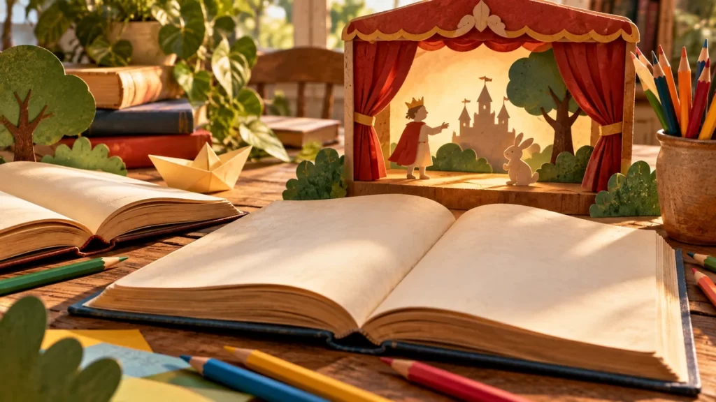 Qué es un texto recreativo: características y ejemplos sencillos 1 Teatro de papel junto a libros abiertos y lápices de colores.