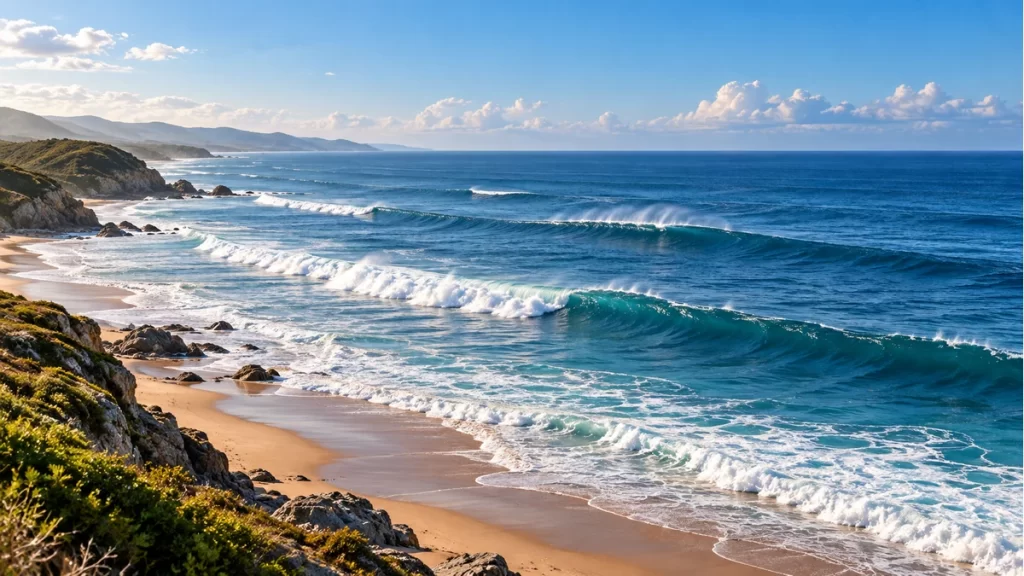 Vista ilustrada de una costa y el oleaje; no representa un tsunami real.