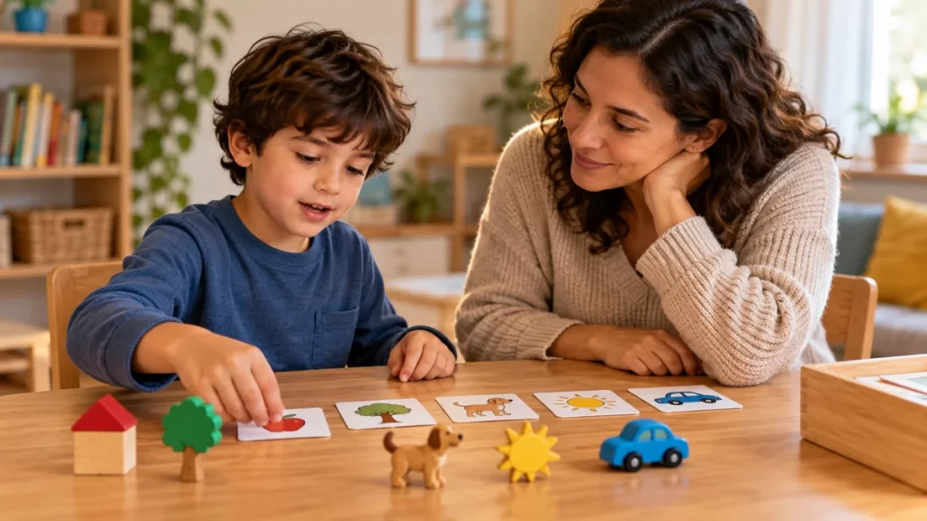 Disfasia y trastorno del desarrollo del lenguaje: guía introductoria para familias 1 Una persona adulta escucha a un niño mientras ordena objetos y tarjetas ilustradas.