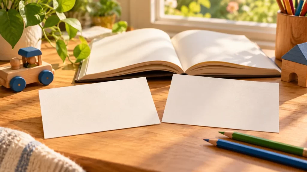 Dos tarjetas en blanco y un libro abierto sobre una mesa luminosa para comparar los nombres Mateo y Matías.