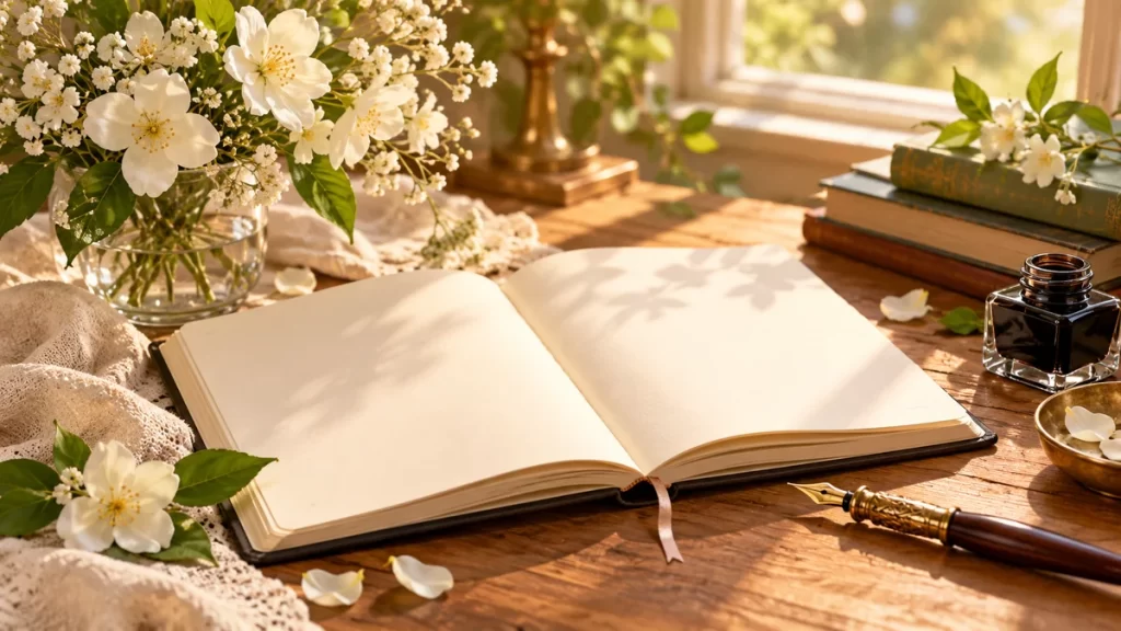 Cuaderno abierto junto a flores blancas, libros y un tintero.