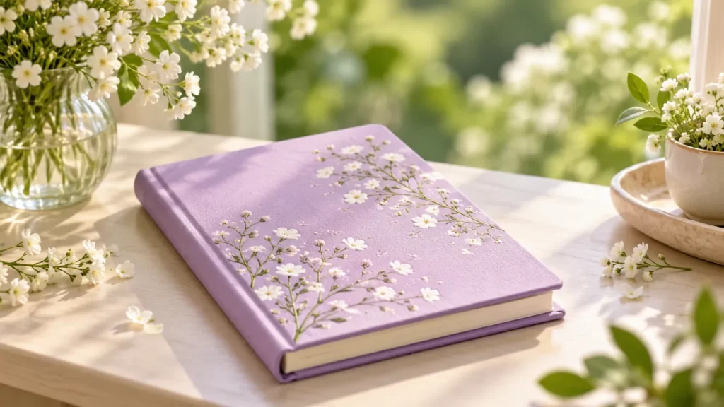 Cuaderno lavanda y flores blancas junto a una ventana.