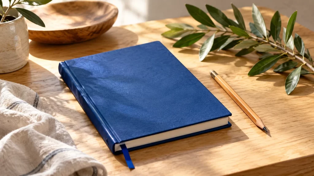 Cuaderno azul y ramas de olivo sobre una mesa.