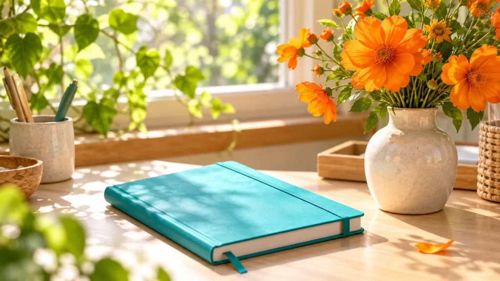 Kiara: origen, significado y formas del nombre 1 Cuaderno turquesa junto a flores de color mandarina.