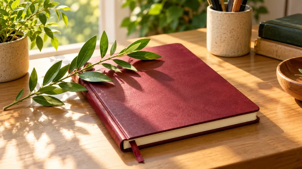 Cuaderno granate con una rama verde sobre una mesa.