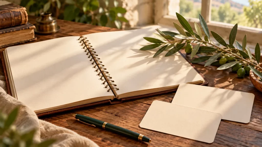 Abraham: origen del nombre, sentido bíblico y variantes 1 Cuaderno abierto y dos tarjetas sin letras junto a una rama de olivo para estudiar un nombre antiguo.