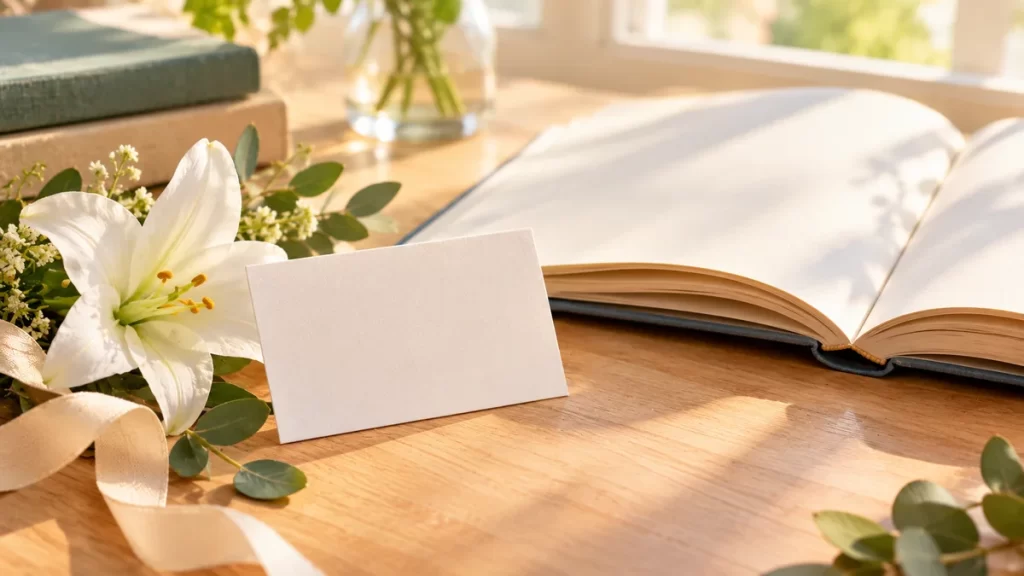 Tarjeta en blanco con una flor y un libro, evocación del nombre Belén.