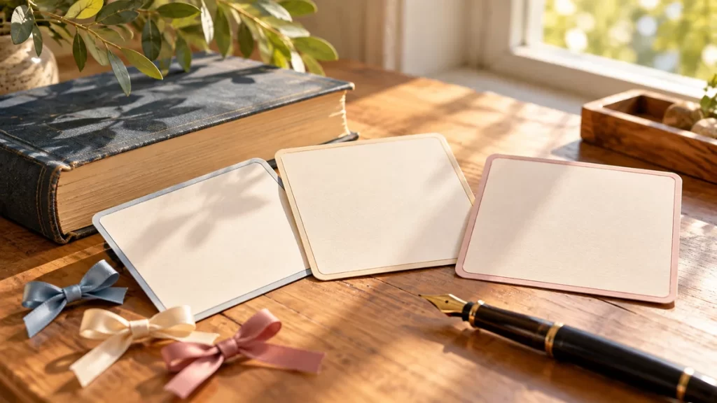 Miguel, Michel y Michelle: origen, significado y formas del nombre 1 Tres tarjetas en blanco junto a un libro y una pluma para comparar variantes del nombre Miguel.