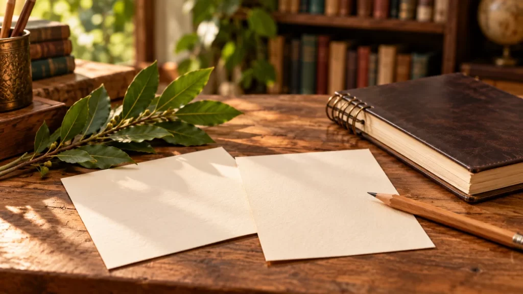 Cuaderno y hojas vacías junto a una rama de laurel para conocer el origen del nombre David.