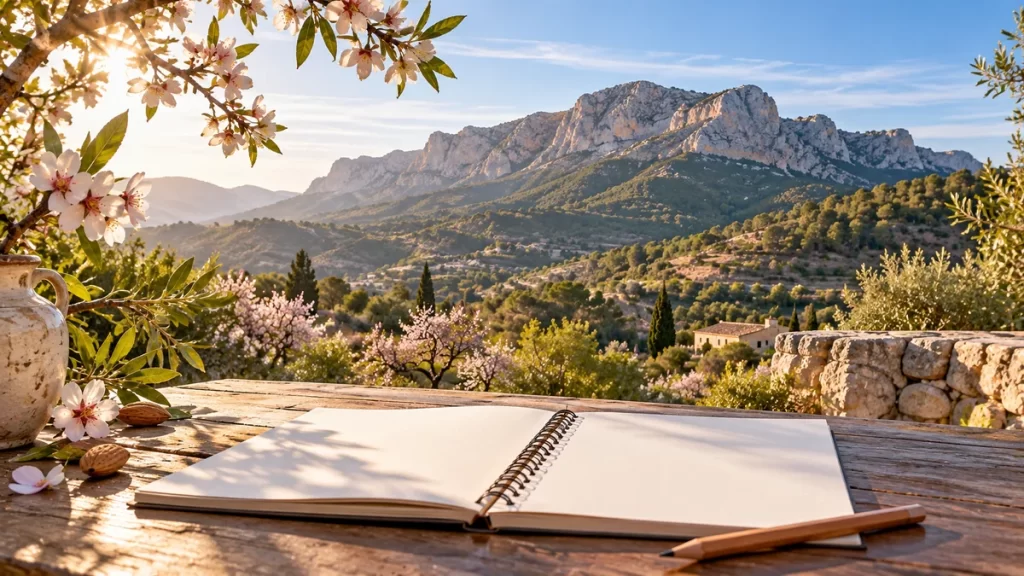 Montañas mediterráneas iluminadas junto a un cuaderno abierto, en referencia al topónimo Aitana.