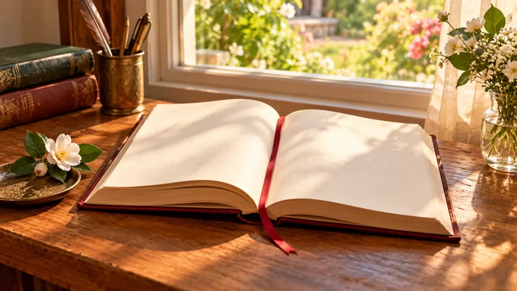 Tatiana: origen, significado y formas del nombre 1 Libro abierto y una cinta roja sobre un escritorio con flores para explorar el nombre Tatiana.