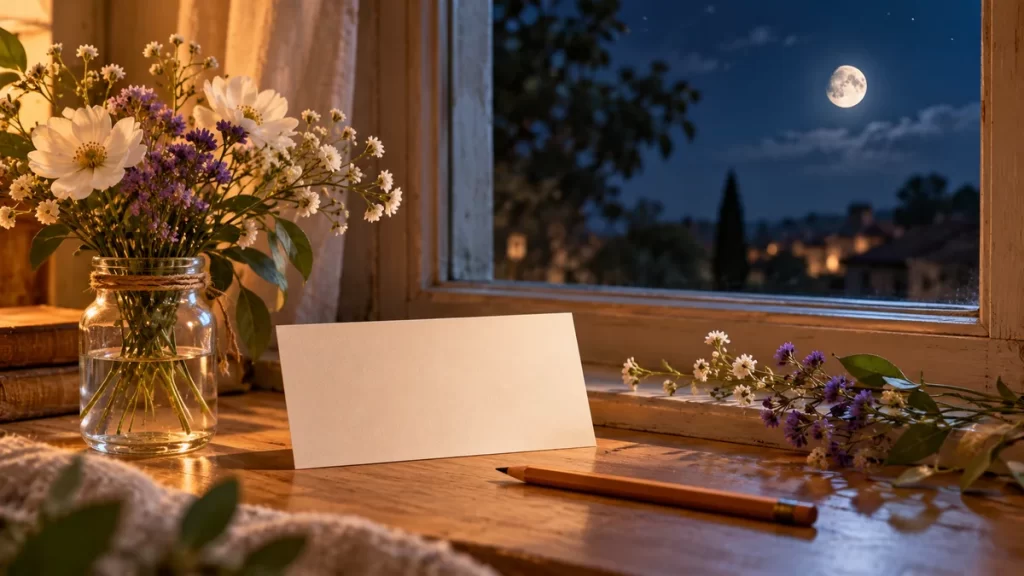 Tarjeta sin texto y flores junto a una ventana con la Luna visible en el cielo.