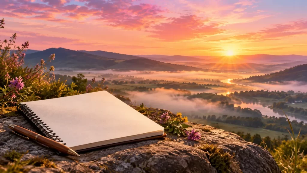 Amanecer dorado sobre un valle con bruma y un cuaderno sin texto en primer plano.