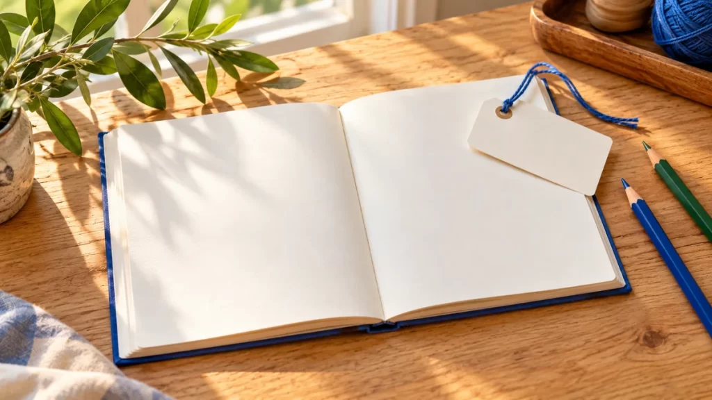 Etiqueta en blanco sobre una libreta y lápices para explorar el origen del nombre Nicolás.
