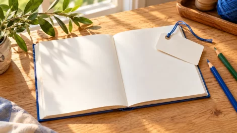 Etiqueta en blanco sobre una libreta y lápices para explorar el origen del nombre Nicolás.