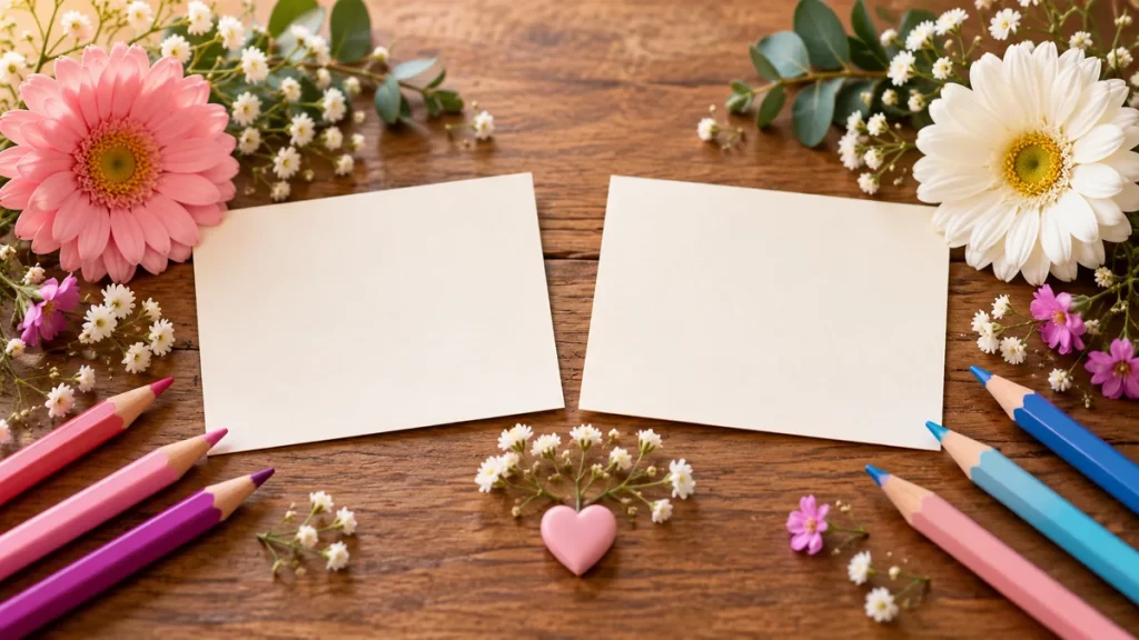 Carla y Karla: origen, significado y diferencias de escritura 1 Dos tarjetas en blanco, lápices y flores pequeñas sobre una mesa.