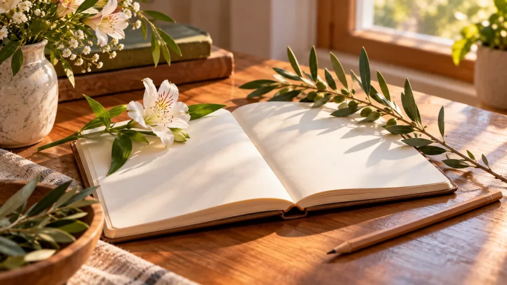 Cuaderno en blanco, una flor y rama de olivo sobre una mesa clara.