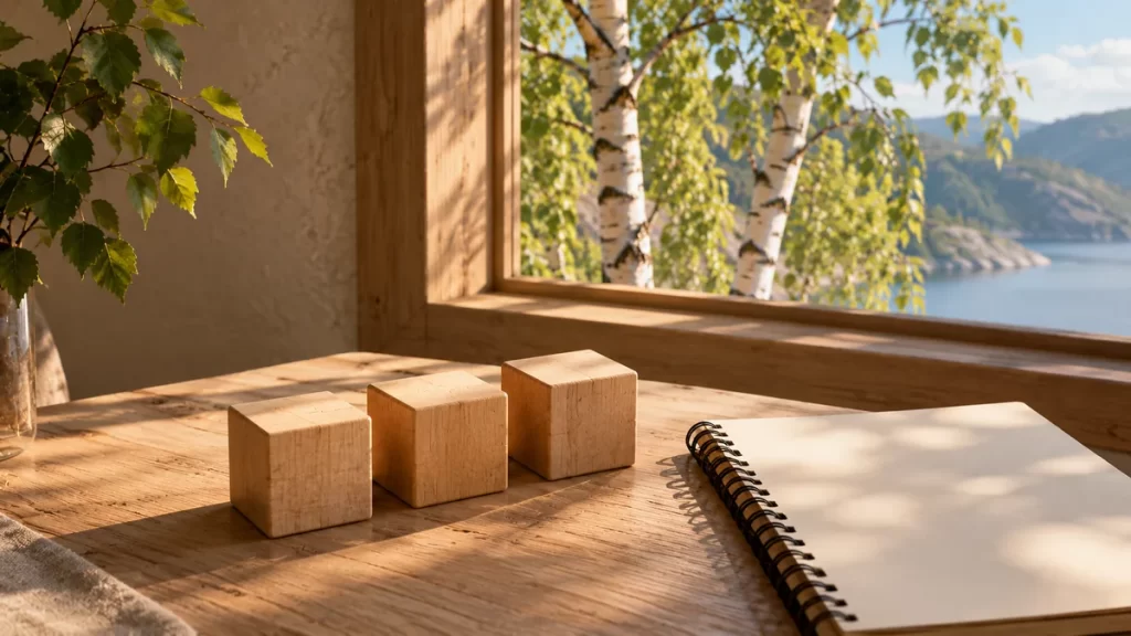Bloques lisos de madera y libreta en blanco junto a una ventana con abedules.