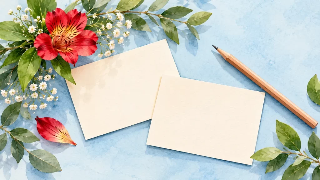 Ilustración en acuarela de una flor roja, hojas verdes, dos tarjetas vacías y un lápiz sobre fondo azul.