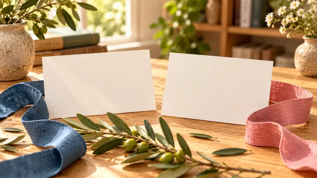 Dos tarjetas en blanco y una rama de olivo sobre una mesa luminosa.