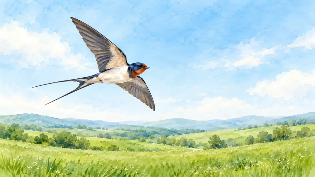 Golondrina en vuelo sobre prados verdes, ilustrada en acuarela.