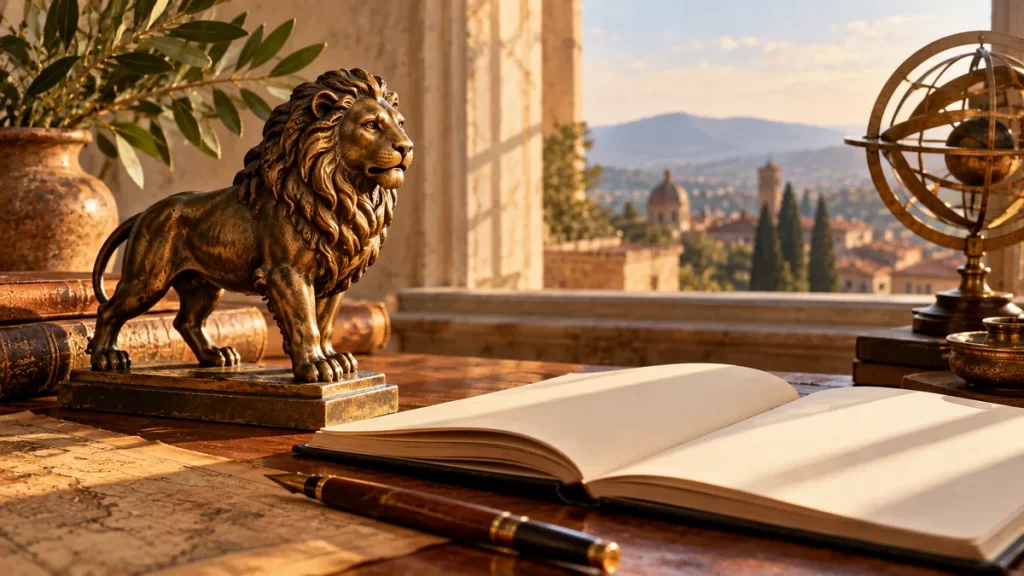 Figura de un león de bronce junto a un cuaderno abierto en blanco.