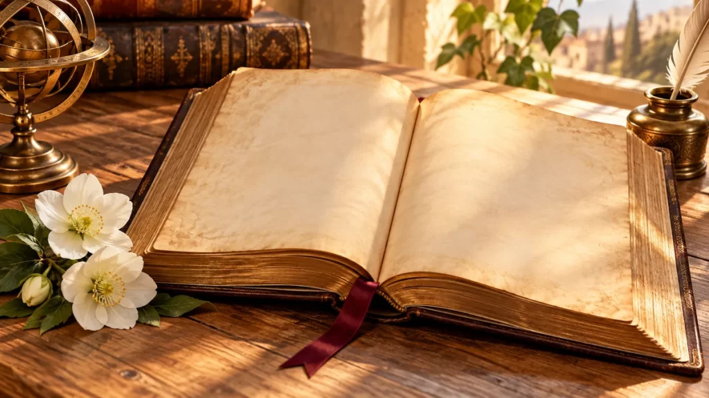 Amadeo: origen, significado y variantes del nombre 1 Libro abierto de hojas vacías con flores blancas y una pluma sobre una mesa.
