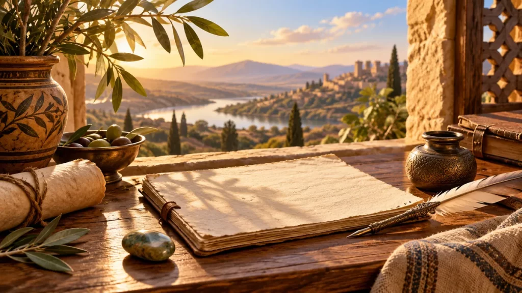 Papeles sin escritura con una pluma y tinta junto a una ventana en un paisaje imaginado.