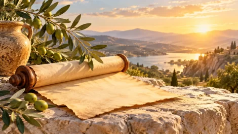 Pergamino sin escritura y rama de olivo frente a un paisaje imaginado al atardecer.