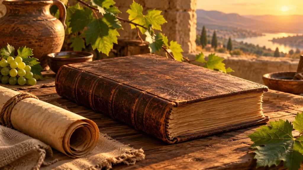 Libro antiguo, uvas y un rollo de papel ante un paisaje imaginado.